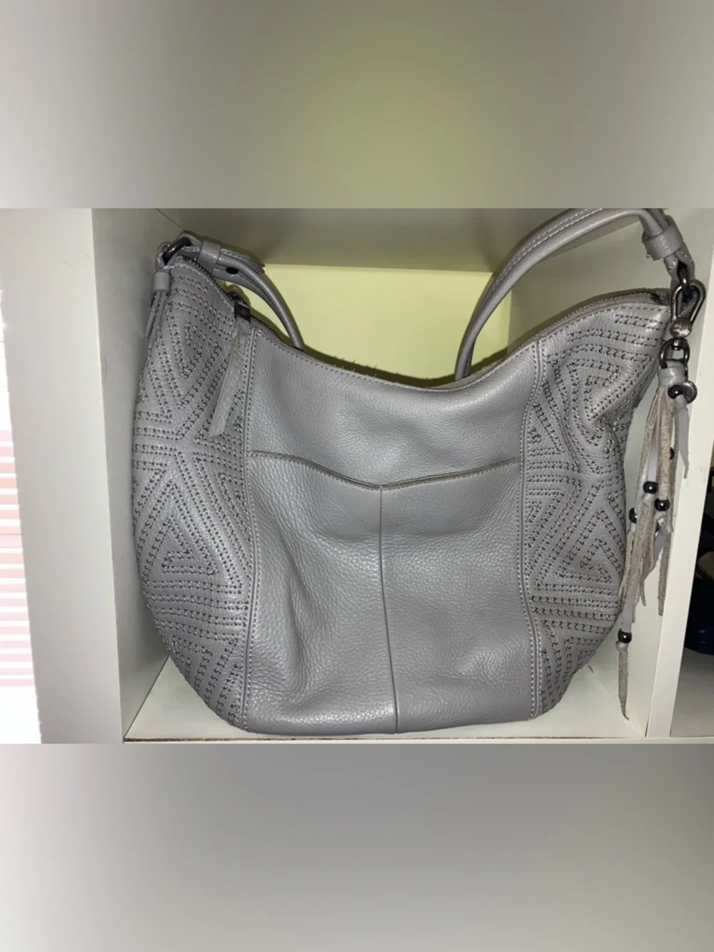The Sak leather large hobo shoulder bag satchel purse handbag gray tassel charm